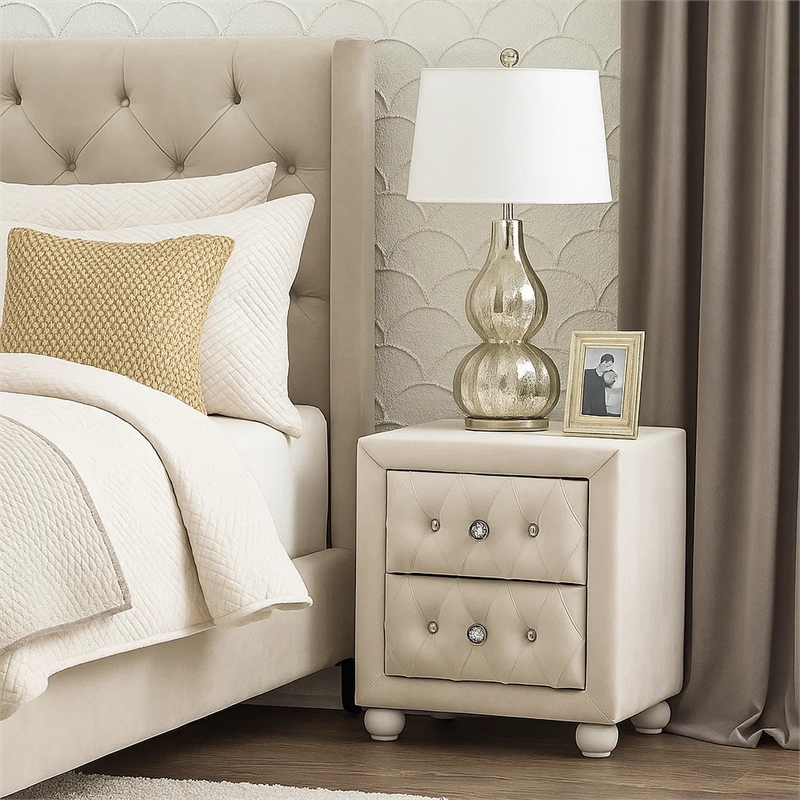 Rex Nightstand- 2 Drawers- Classic Crystal Tufted Beige Upholstery