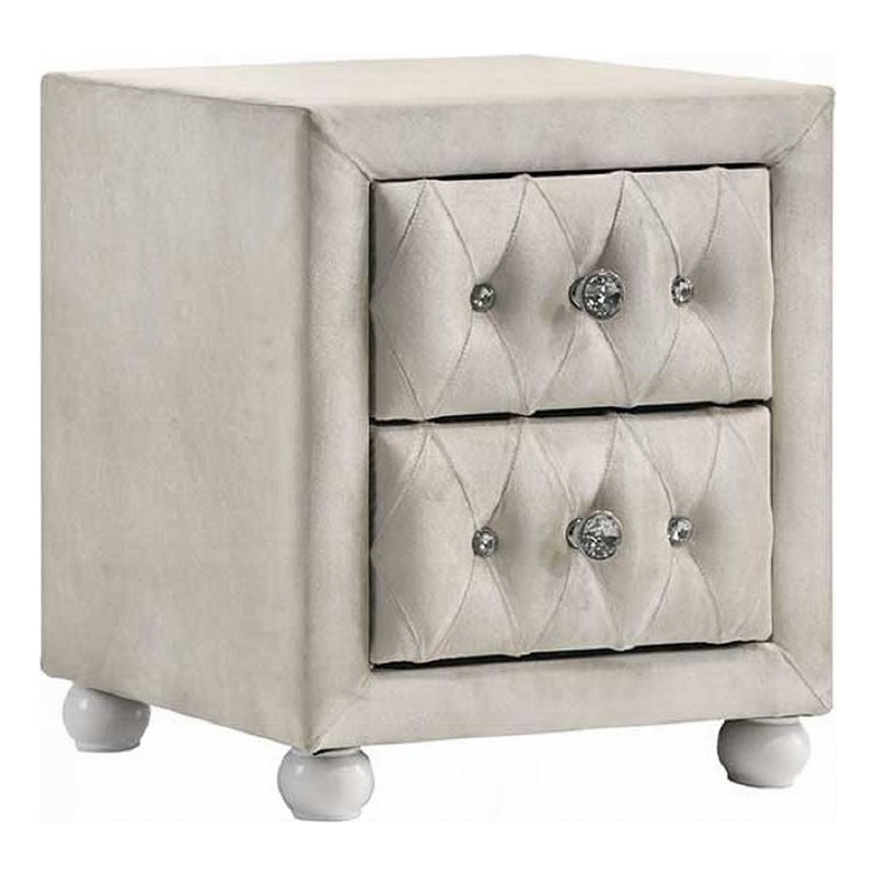 Rex Nightstand- 2 Drawers- Classic Crystal Tufted Beige Upholstery