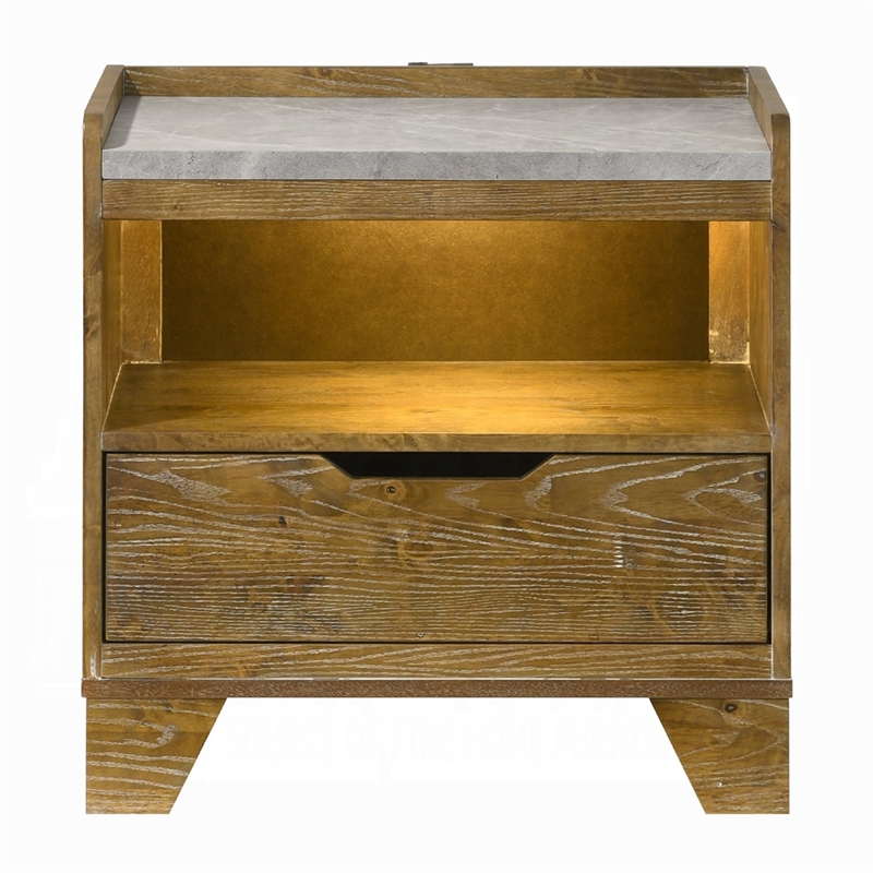 Gary Nightstand with LED- 1 Drawer and Open Cubby- Farmhouse Aspen Brown