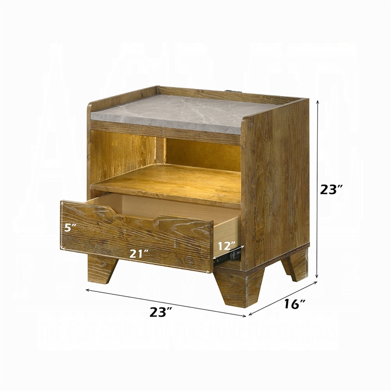 Gary Nightstand with LED- 1 Drawer and Open Cubby- Farmhouse Aspen Brown