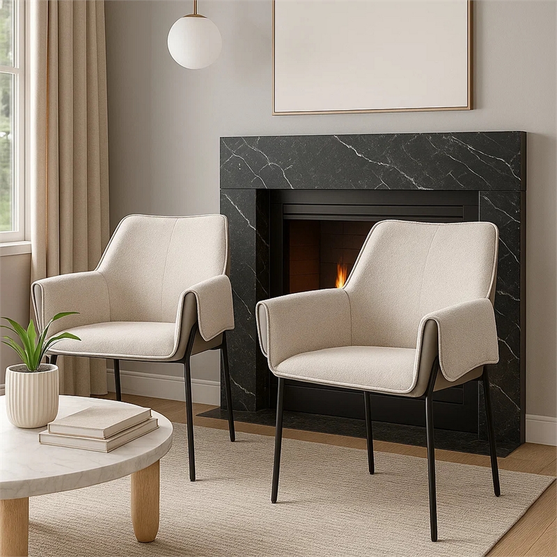 Jory Armchair Set of 2- Beige Chenille- Slim Black Metal Legs