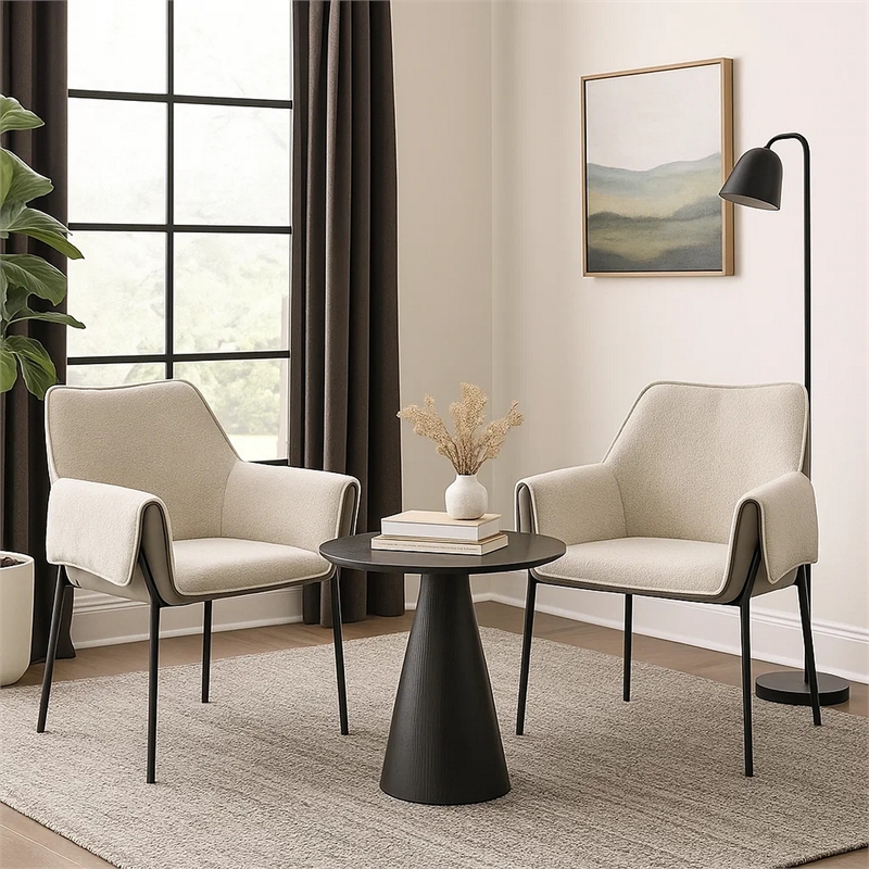 Jory Armchair Set of 2- Beige Chenille- Slim Black Metal Legs
