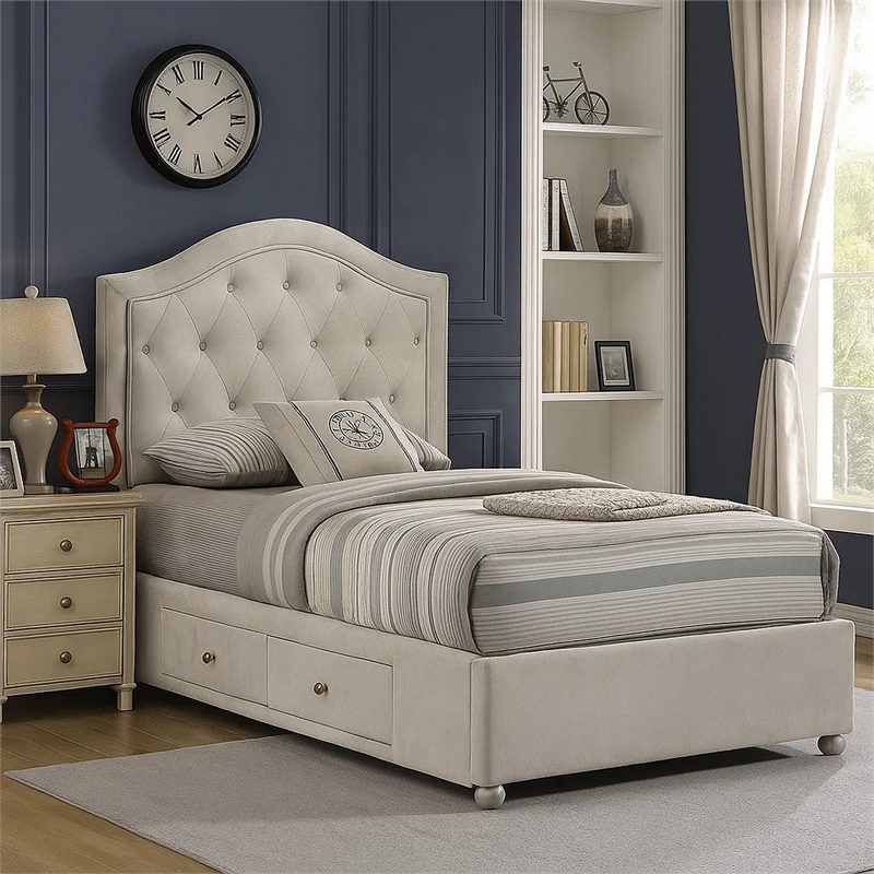 Rex Full Size Bed with Storage and Beige Button Tufted Arched Headboard