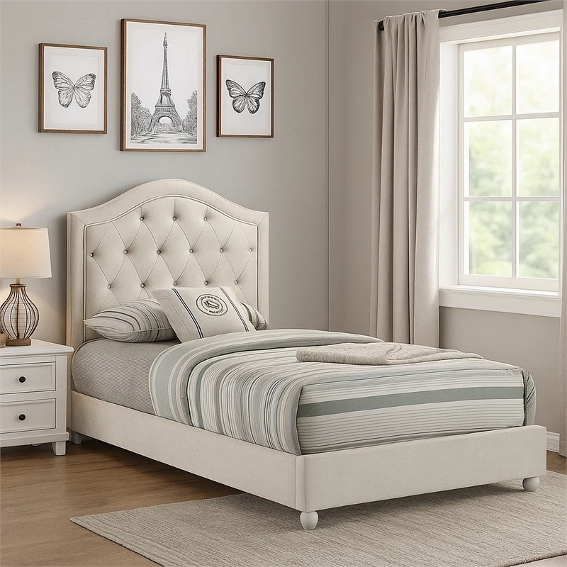 Rex Full Size Bed with Storage and Beige Button Tufted Arched Headboard