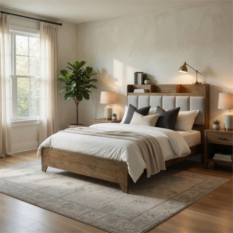 Gary King Size Bed with Tufted Headboard and USB Ports- Aspen Brown Wood