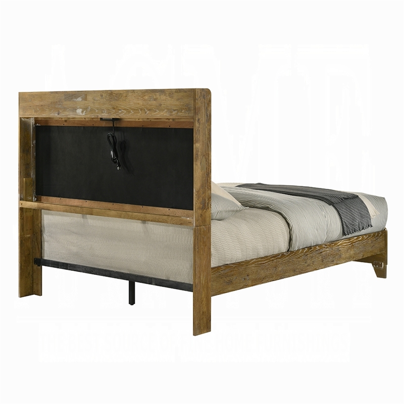 Gary Queen Size Bed with Tufted Headboard and USB Ports- Aspen Brown Wood