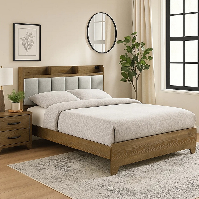 Gary Queen Size Bed with Tufted Headboard and USB Ports- Aspen Brown Wood
