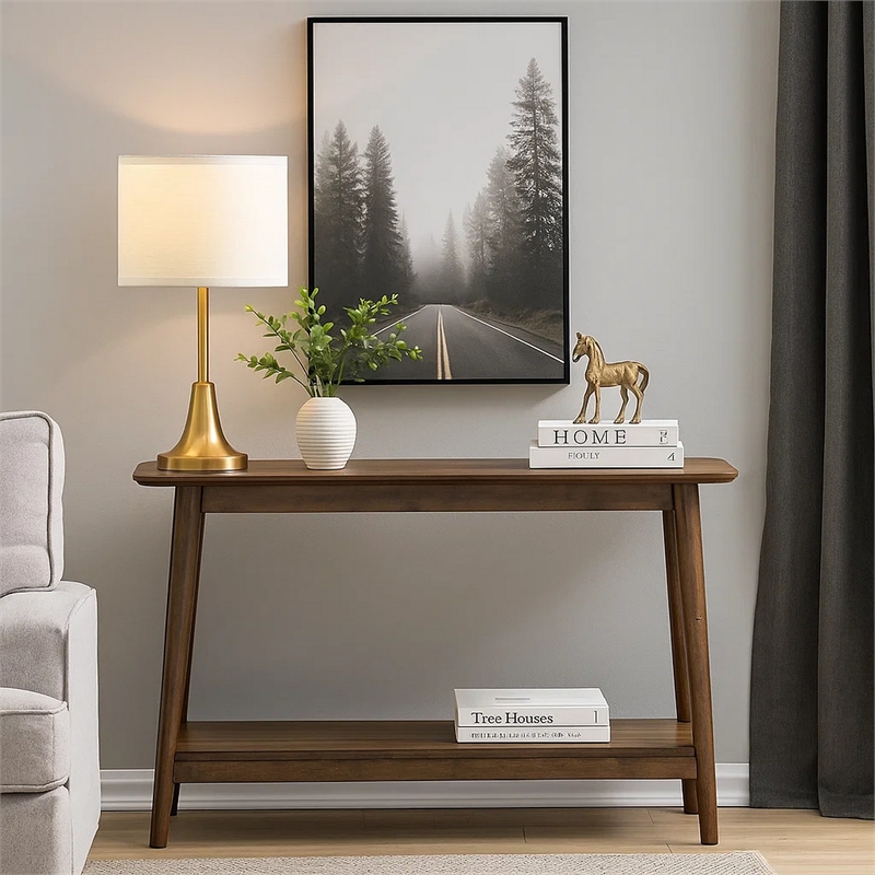 Fexy Sofa Console Table- 48 Inch Top with Lower Shelf- Walnut Brown