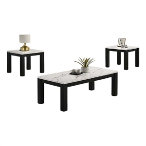 Evie 3pc Coffee and End Table Set- White Faux Marble Top- Black