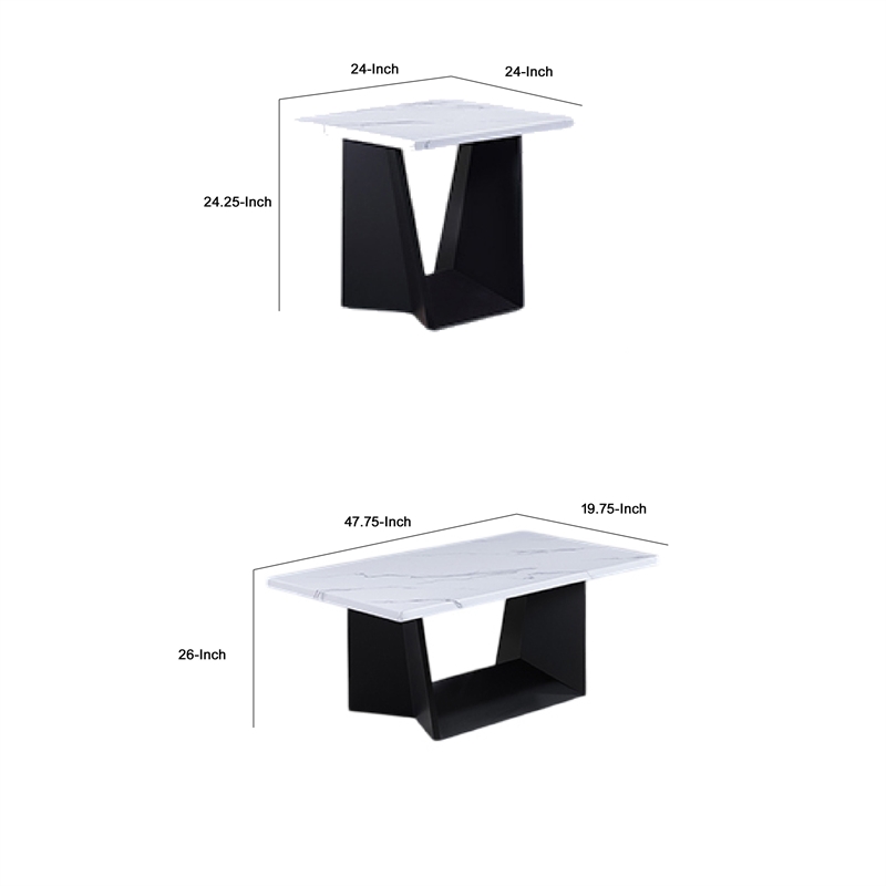 Ady 3pc Coffee and End Table Set- Rectangular White Faux Marble Top- Black