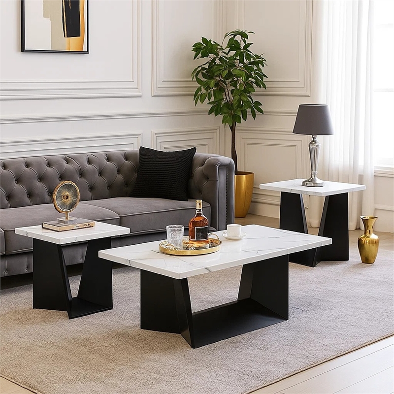 Ady 3pc Coffee and End Table Set- Rectangular White Faux Marble Top- Black