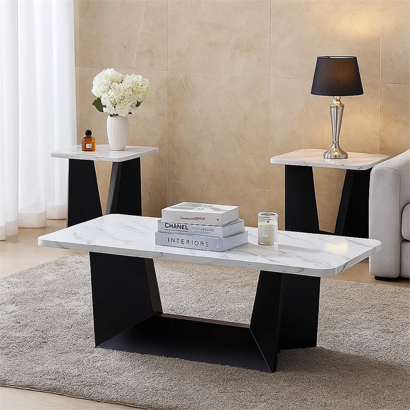 Ady 3pc Coffee and End Table Set- Rectangular White Faux Marble Top- Black