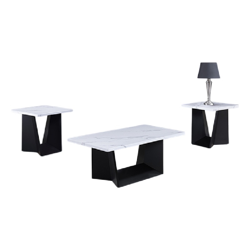 Ady 3pc Coffee and End Table Set- Rectangular White Faux Marble Top- Black