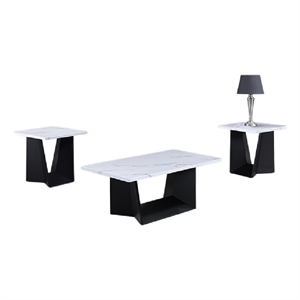 Ady 3pc Coffee and End Table Set- Rectangular White Faux Marble Top- Black