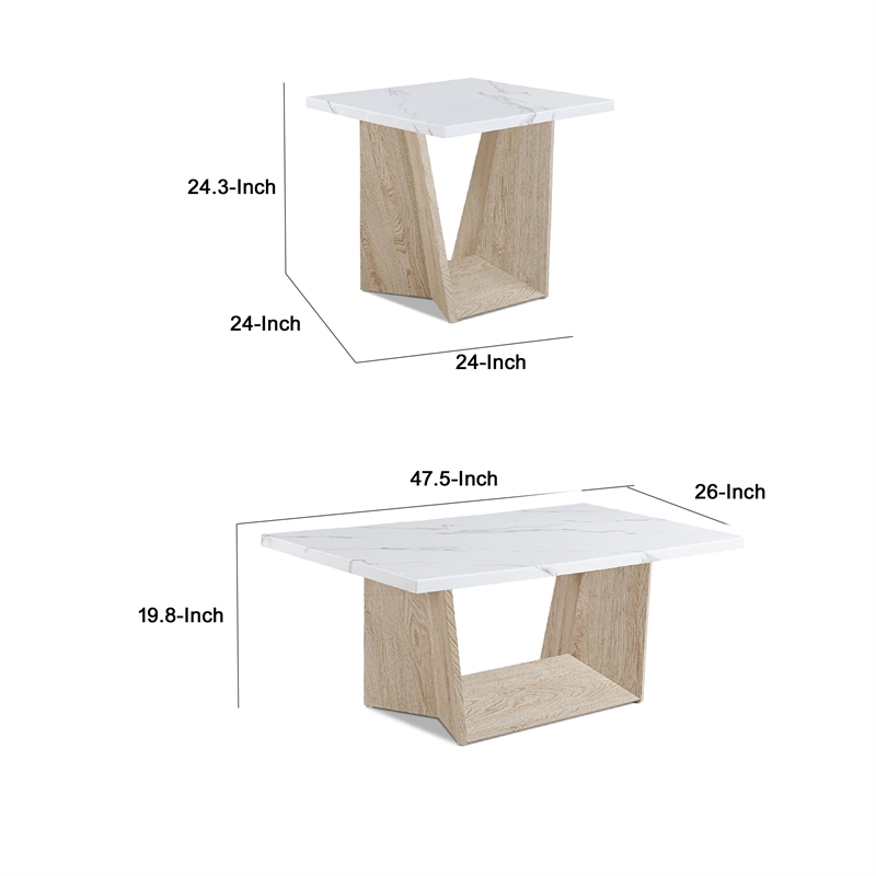 Ady 3pc Coffee and End Table Set- Rectangular Faux Marble Top- White Oak Base