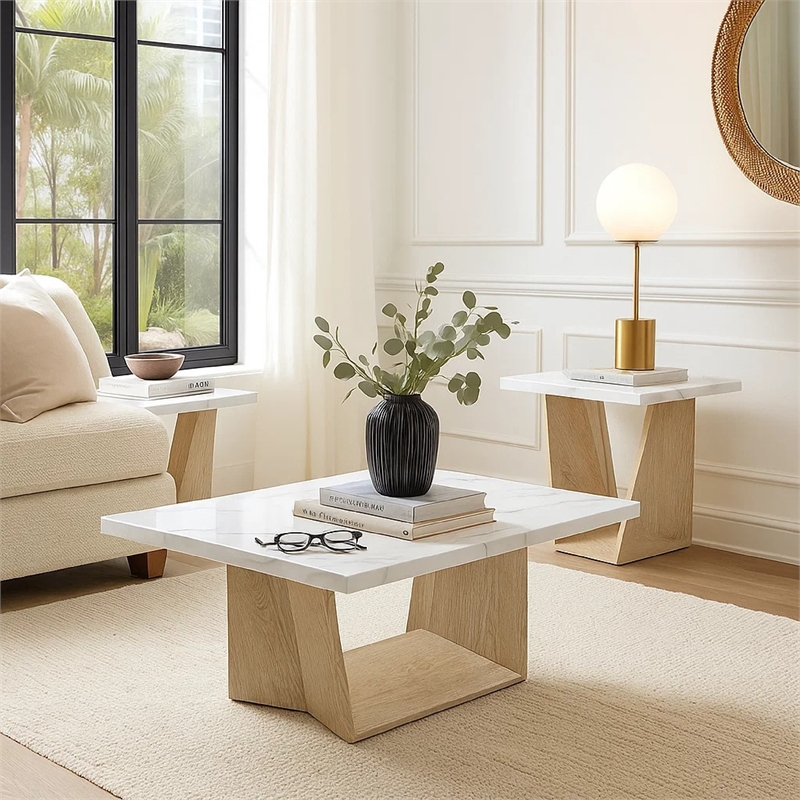 Ady 3pc Coffee and End Table Set- Rectangular Faux Marble Top- White Oak Base