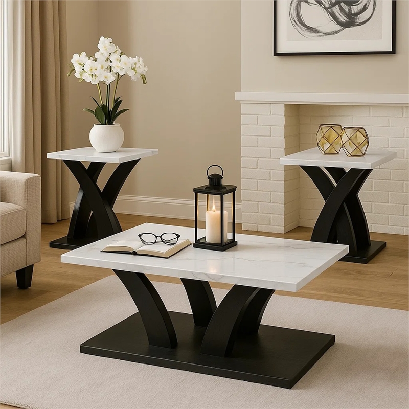 Zen 3pc Coffee and End Table Set- White Faux Marble- Black Legs