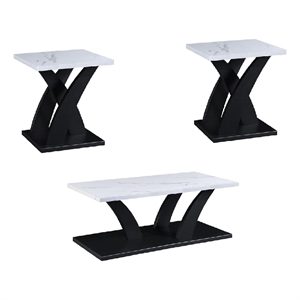 Zen 3pc Coffee and End Table Set- White Faux Marble- Black Legs