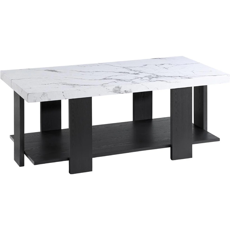 Bexy 3pc Coffee and End Table Set- White Faux Marble Top- Black Shelf