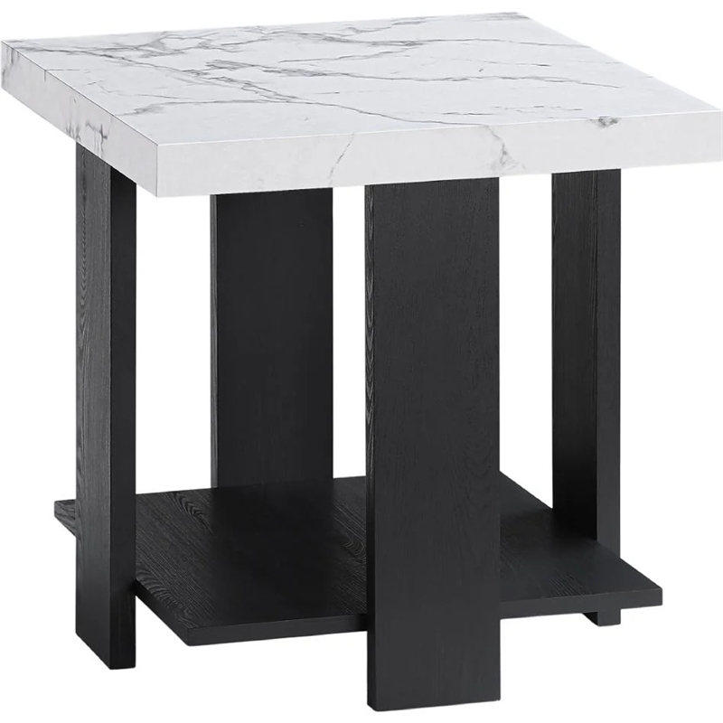Bexy 3pc Coffee and End Table Set- White Faux Marble Top- Black Shelf