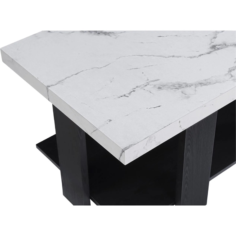 Bexy 3pc Coffee and End Table Set- White Faux Marble Top- Black Shelf