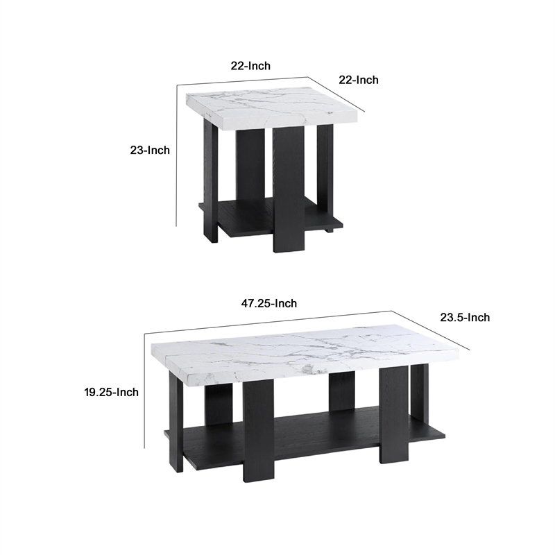 Bexy 3pc Coffee and End Table Set- White Faux Marble Top- Black Shelf