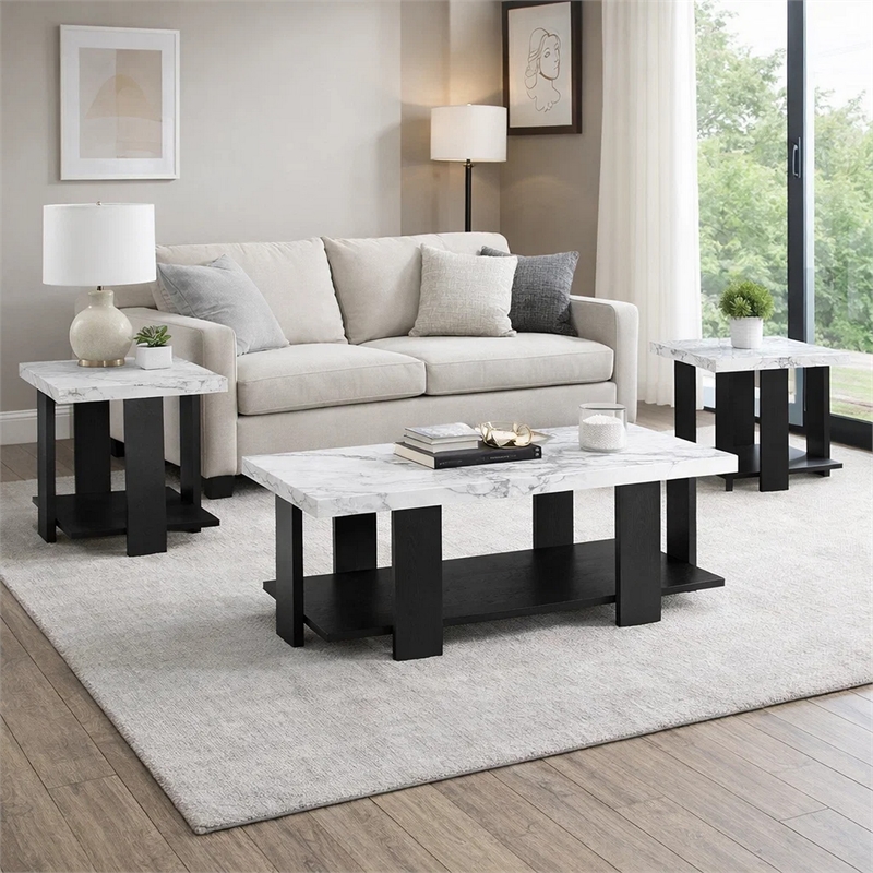 Bexy 3pc Coffee and End Table Set- White Faux Marble Top- Black Shelf