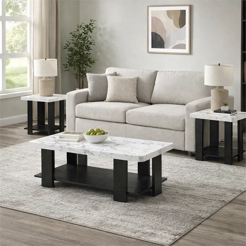 Bexy 3pc Coffee and End Table Set- White Faux Marble Top- Black Shelf