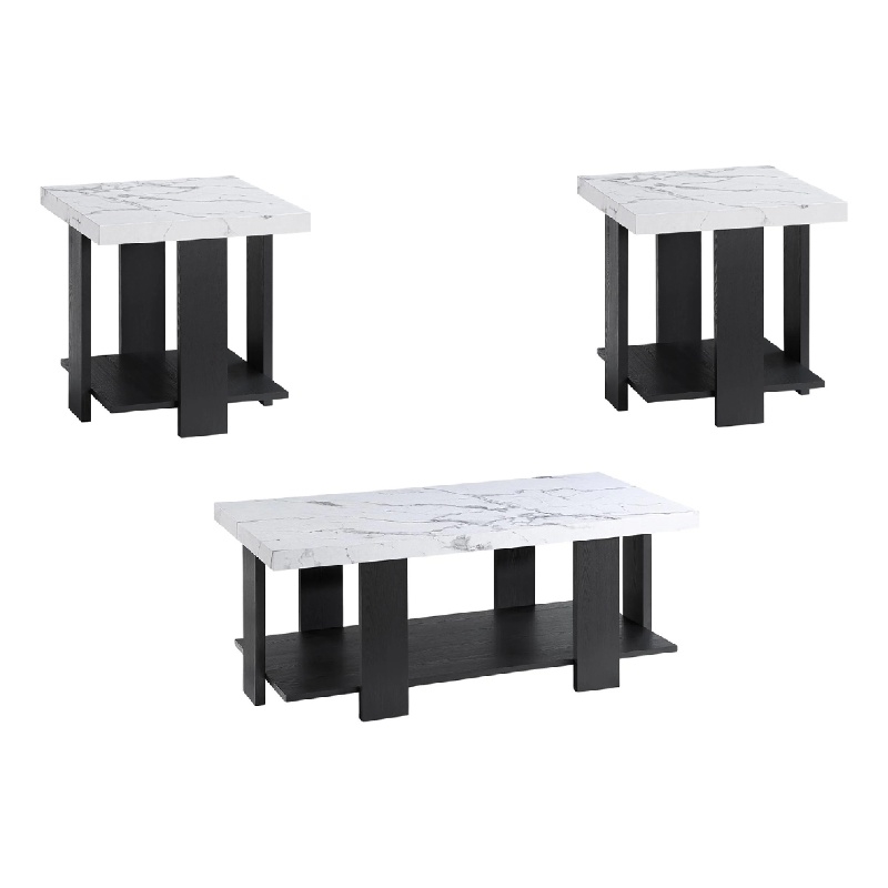 Bexy 3pc Coffee and End Table Set- White Faux Marble Top- Black Shelf