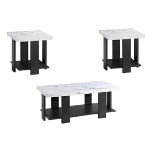 Bexy 3pc Coffee and End Table Set- White Faux Marble Top- Black Shelf