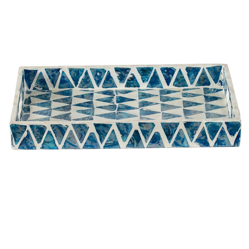 Decorative Tray- 14 Inch Capiz Geometric Pattern- Blue and White