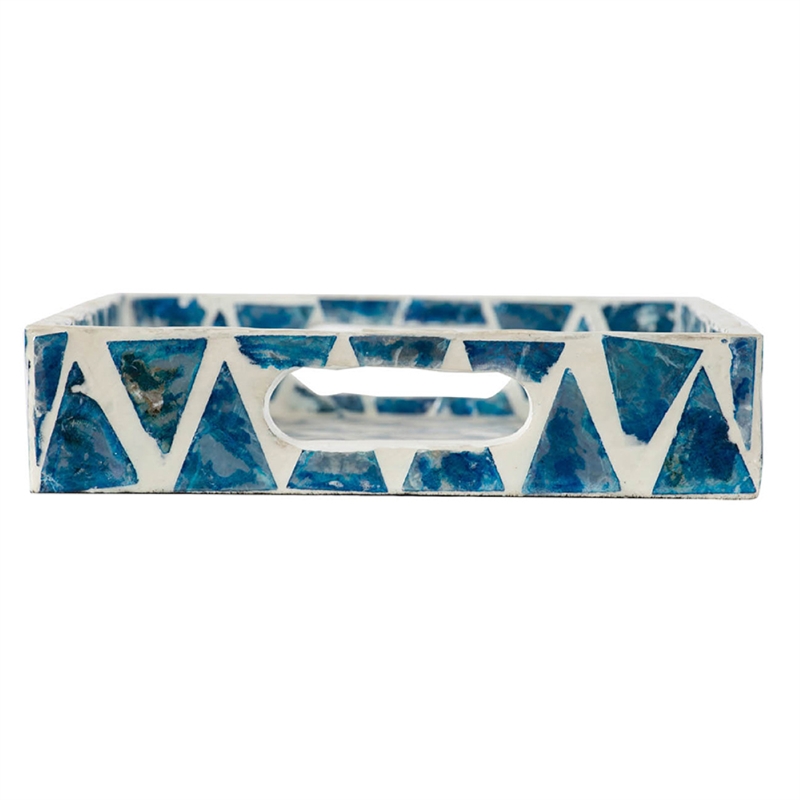 Decorative Tray- 14 Inch Capiz Geometric Pattern- Blue and White
