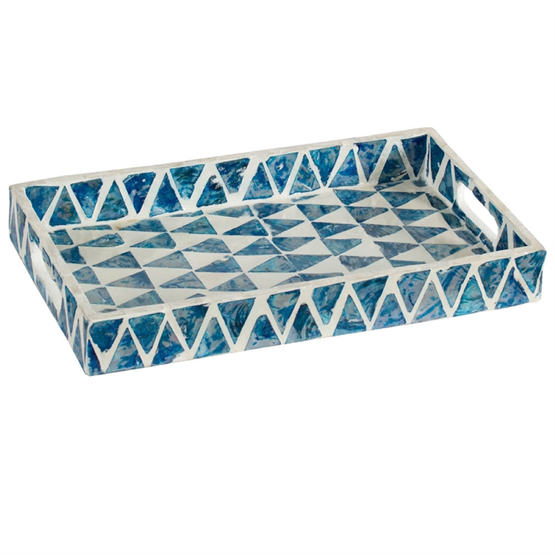 Decorative Tray- 14 Inch Capiz Geometric Pattern- Blue and White