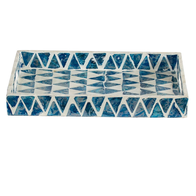 Decorative Tray- 14 Inch Capiz Geometric Pattern- Blue and White