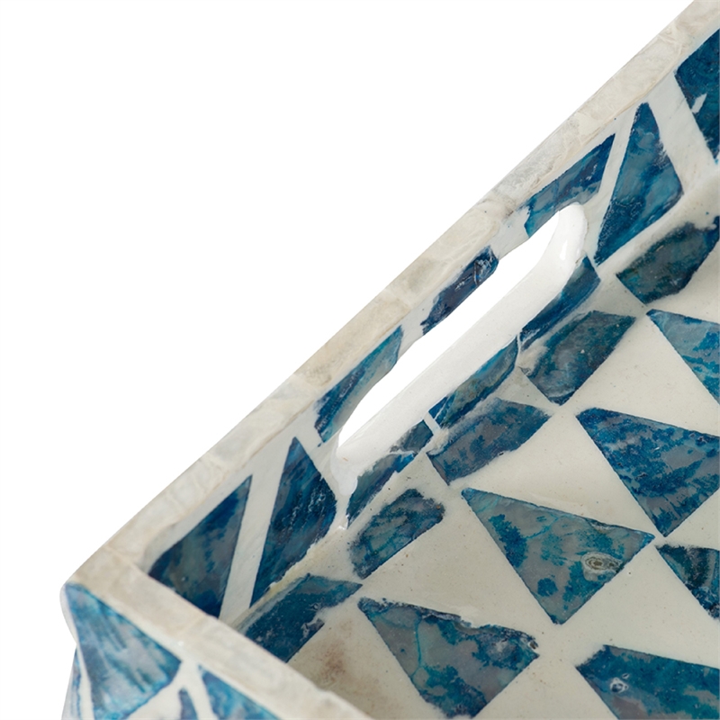 Decorative Tray- 14 Inch Capiz Geometric Pattern- Blue and White