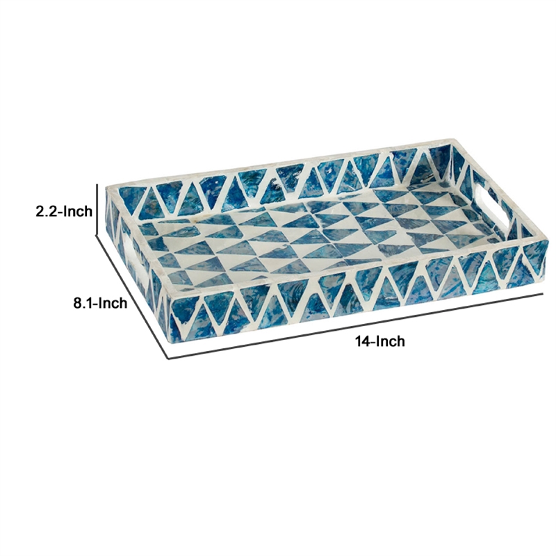 Decorative Tray- 14 Inch Capiz Geometric Pattern- Blue and White