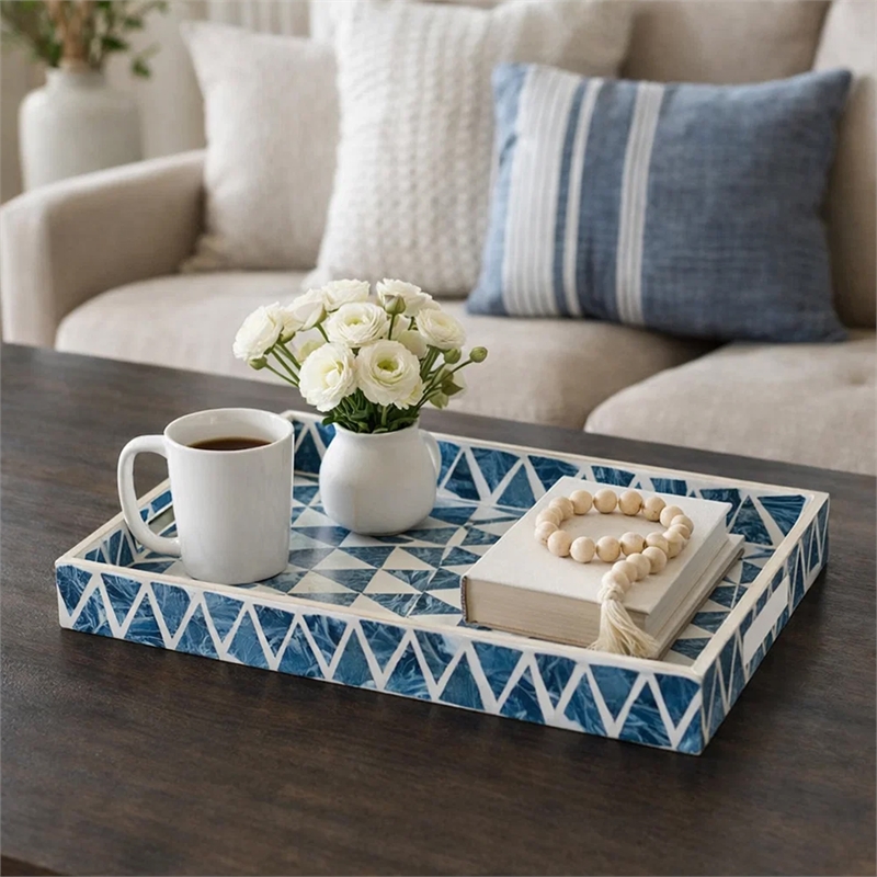 Decorative Tray- 14 Inch Capiz Geometric Pattern- Blue and White
