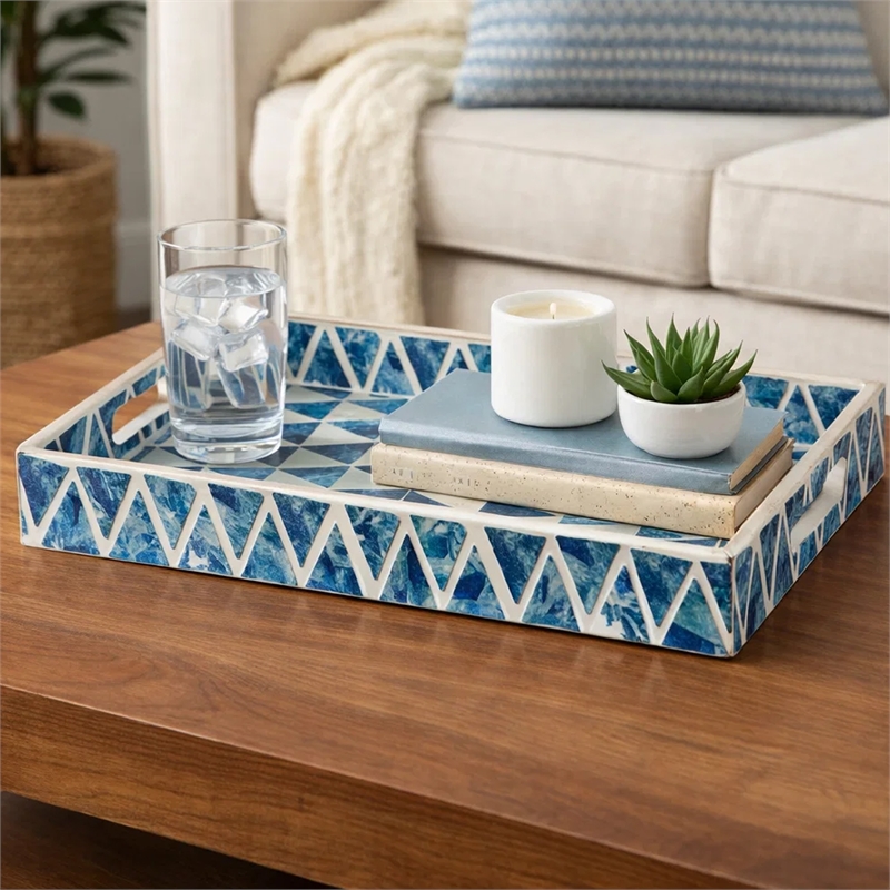 Decorative Tray- 14 Inch Capiz Geometric Pattern- Blue and White