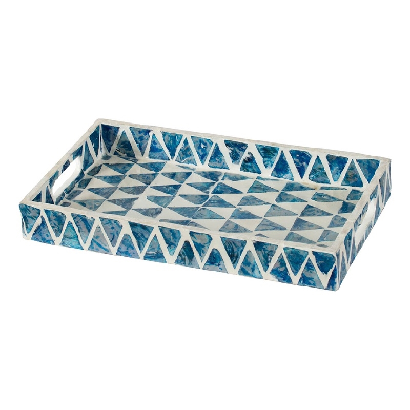 Decorative Tray- 14 Inch Capiz Geometric Pattern- Blue and White