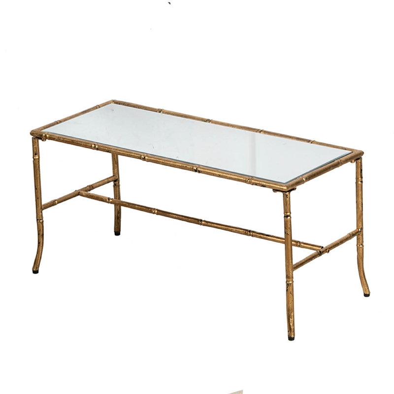 Coffee Table-36 Inch Rectangular Mirror Top-Antique Gold Iron Frame