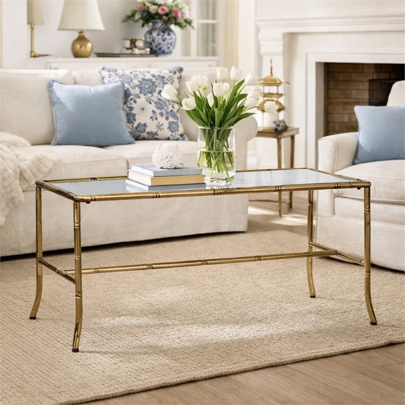 Coffee Table-36 Inch Rectangular Mirror Top-Antique Gold Iron Frame
