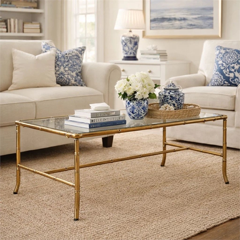 Coffee Table-36 Inch Rectangular Mirror Top-Antique Gold Iron Frame