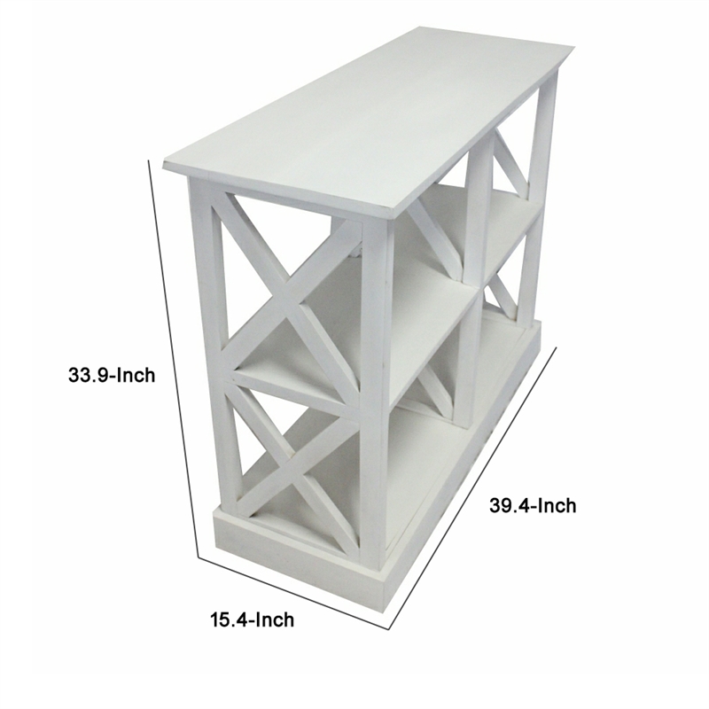 Console Table with 3-Tier Design- X Cutout Sides- White Wood 39 Inch