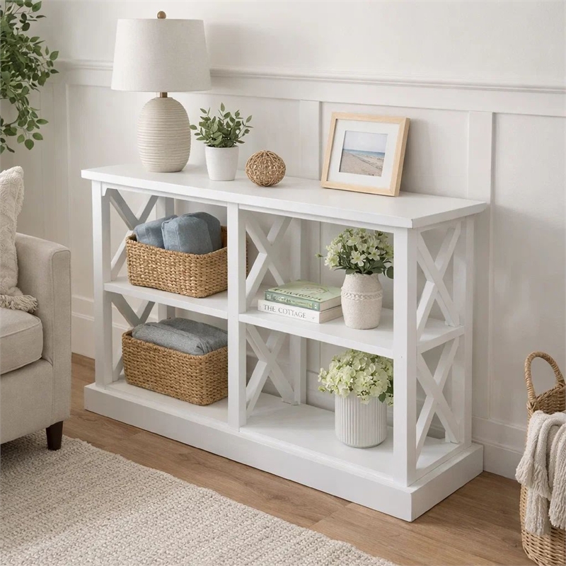 Console Table with 3-Tier Design- X Cutout Sides- White Wood 39 Inch