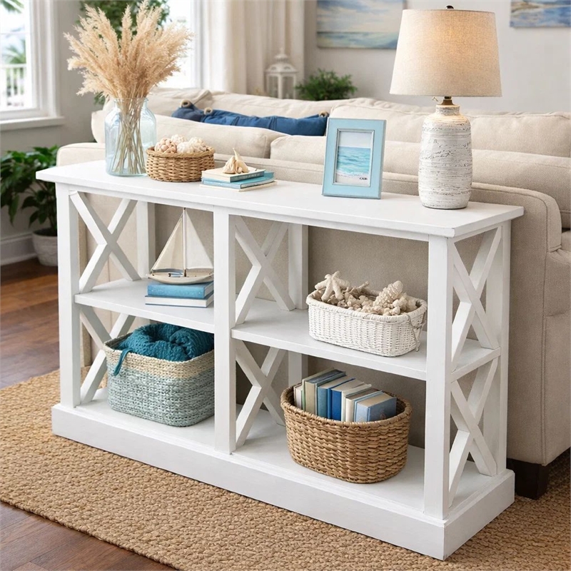 Console Table with 3-Tier Design- X Cutout Sides- White Wood 39 Inch