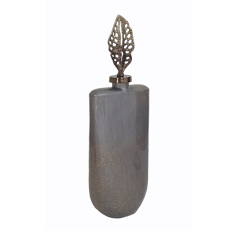 Decorative Bottle with Sculpted Gold Leaf Lid- 23 Inch Gray Glass