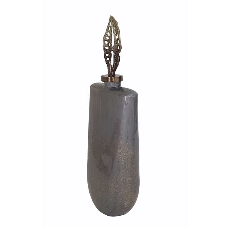 Decorative Bottle with Sculpted Gold Leaf Lid- 23 Inch Gray Glass
