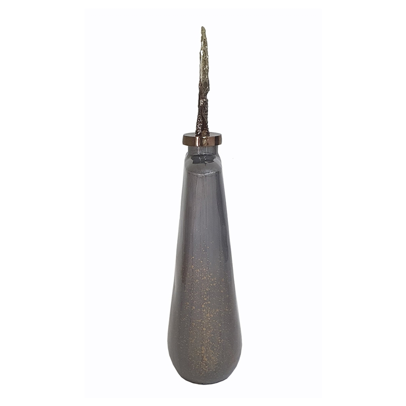 Decorative Bottle with Sculpted Gold Leaf Lid- 23 Inch Gray Glass
