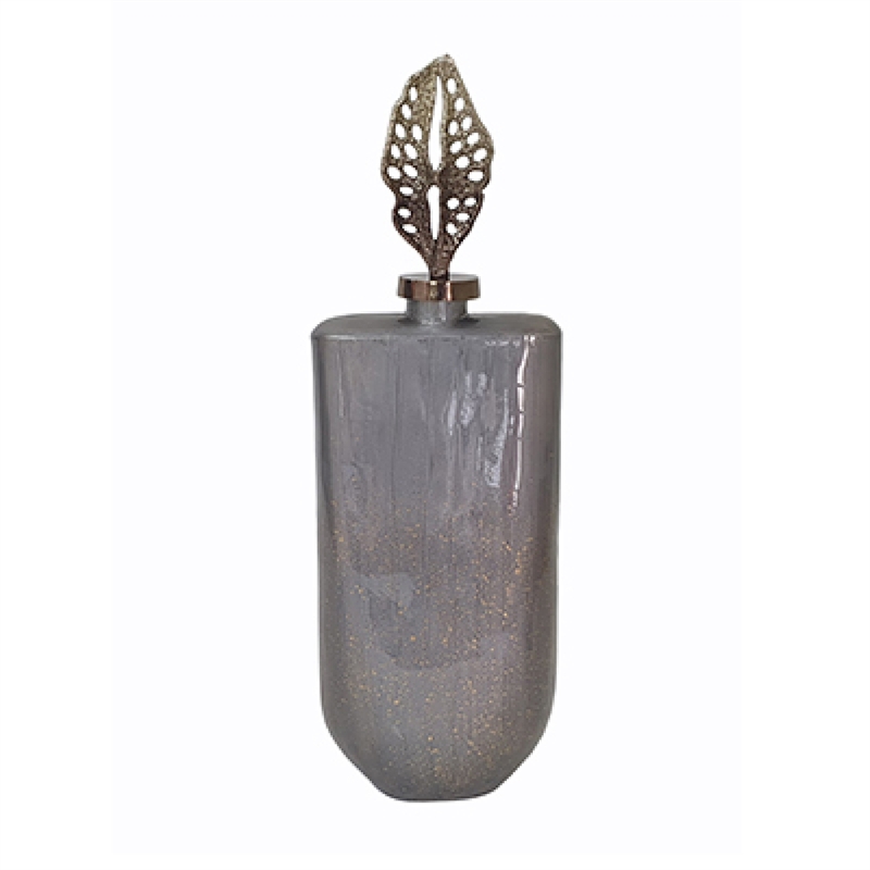 Decorative Bottle with Sculpted Gold Leaf Lid- 23 Inch Gray Glass