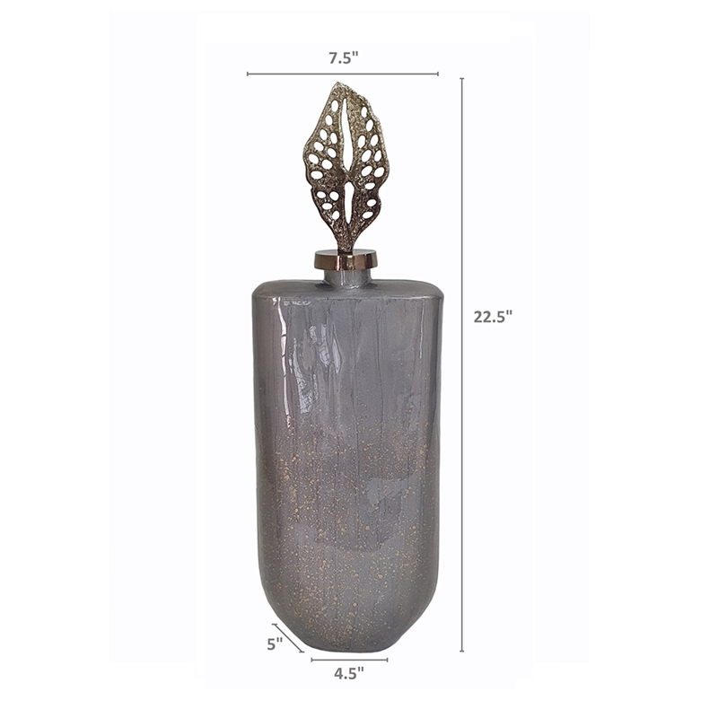 Decorative Bottle with Sculpted Gold Leaf Lid- 23 Inch Gray Glass